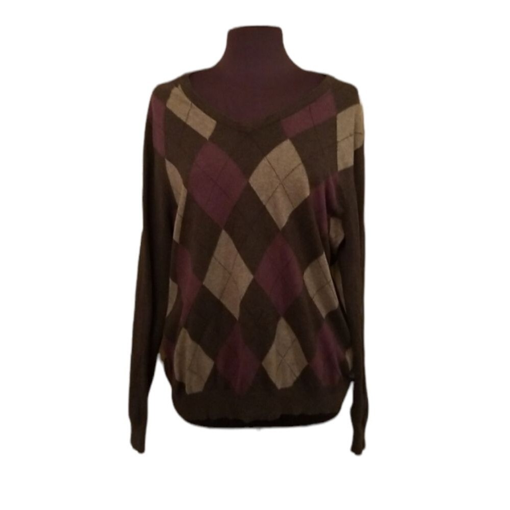 Merona Sweater Womens Large Purple Gray Argyle Fall Winter Preppy 90s